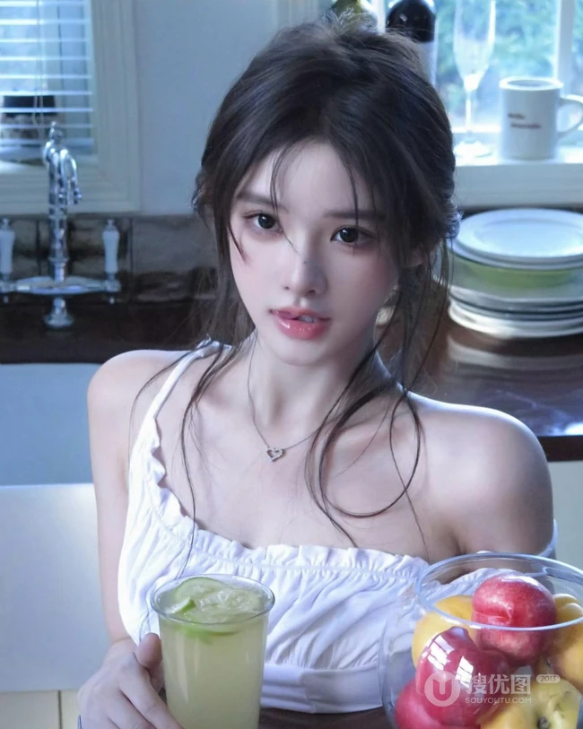 厨房忙碌的气质可人女生小姐姐白色背心牛仔短裤穿搭调制美味果汁写真套图