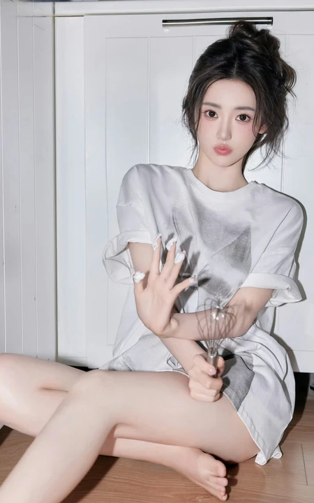 厨房里做奶油面包的可爱卡哇伊女生小姐姐宽大T恤穿搭悠闲写真套图