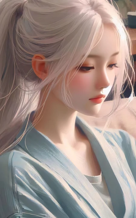安静坐在沙发上的马尾辫发型粉嫩脸蛋AI美女手机壁纸图片