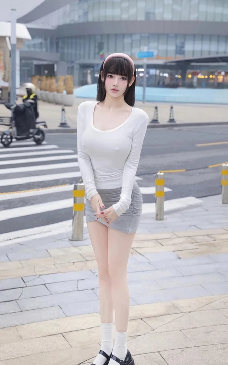 街拍性感美女，短发，白衣，短裙，丰满大长腿美女模特街拍美照手机壁纸