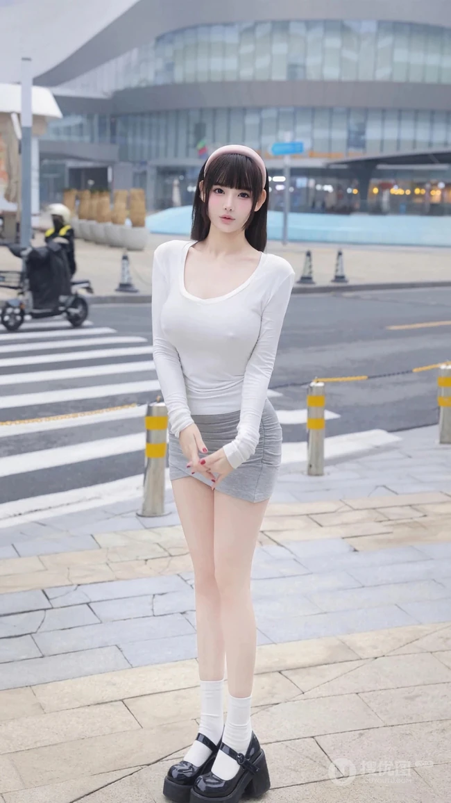 街拍性感美女，短发，白衣，短裙，丰满大长腿美女模特街拍美照手机壁纸