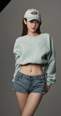 甜酷运动风女生，高颜值，纤细线条，穿着短款装紧身牛仔短裤的甜酷少女写真套图