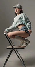 甜酷运动风女生，高颜值，纤细线条，穿着短款装紧身牛仔短裤的甜酷少女写真套图