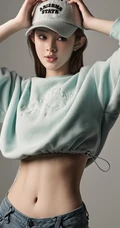 甜酷运动风女生，高颜值，纤细线条，穿着短款装紧身牛仔短裤的甜酷少女写真套图
