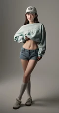 甜酷运动风女生，高颜值，纤细线条，穿着短款装紧身牛仔短裤的甜酷少女写真套图