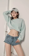 甜酷运动风女生，高颜值，纤细线条，穿着短款装紧身牛仔短裤的甜酷少女写真套图