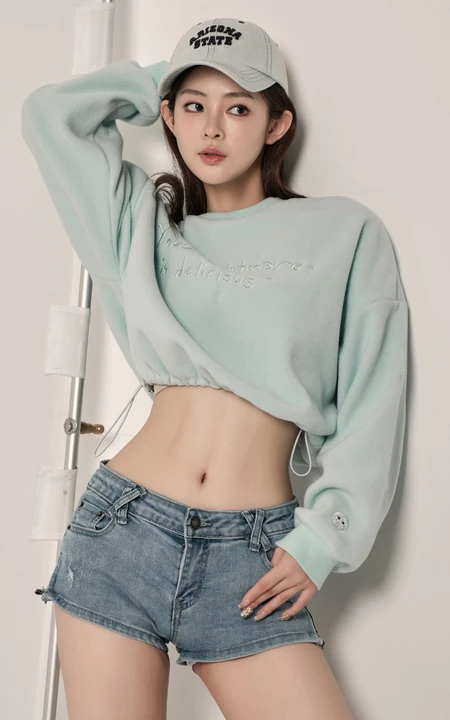 甜酷运动风女生，高颜值，纤细线条，穿着短款装紧身牛仔短裤的甜酷少女写真套图