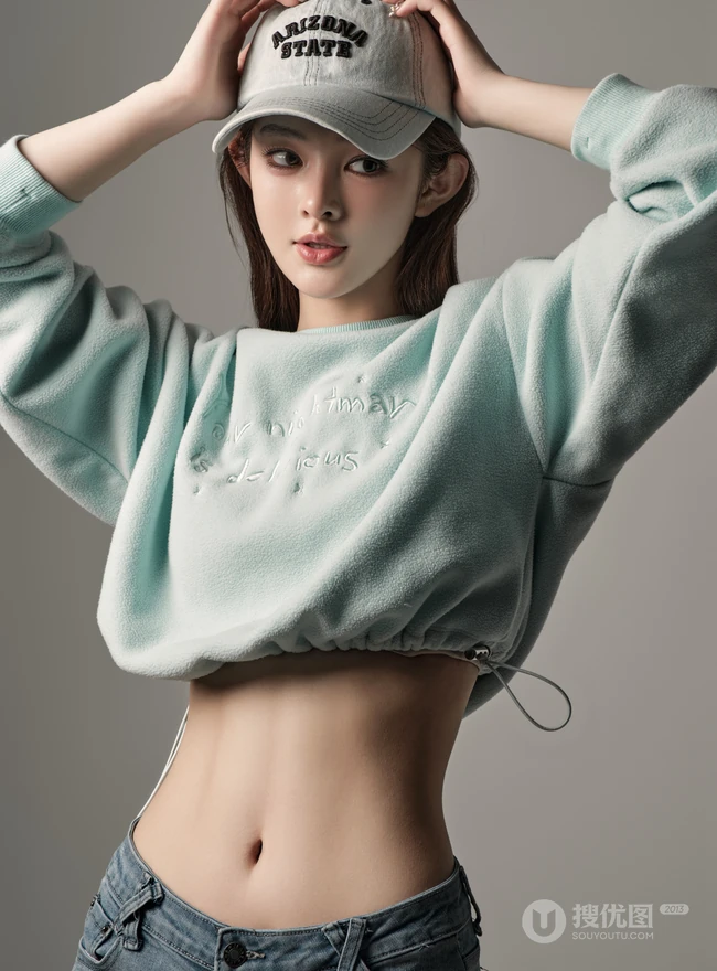甜酷运动风女生，高颜值，纤细线条，穿着短款装紧身牛仔短裤的甜酷少女写真套图