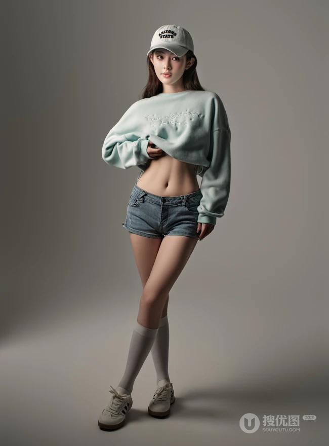甜酷运动风女生，高颜值，纤细线条，穿着短款装紧身牛仔短裤的甜酷少女写真套图