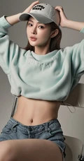 甜酷运动风女生，高颜值，纤细线条，穿着短款装紧身牛仔短裤的甜酷少女写真套图