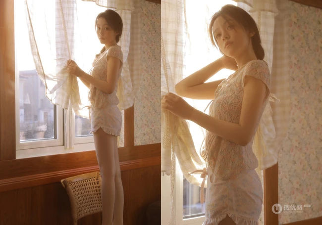 温暖的光，慵懒的小姐姐，穿着睡衣短裤的漂亮女生慵懒气质室内套图