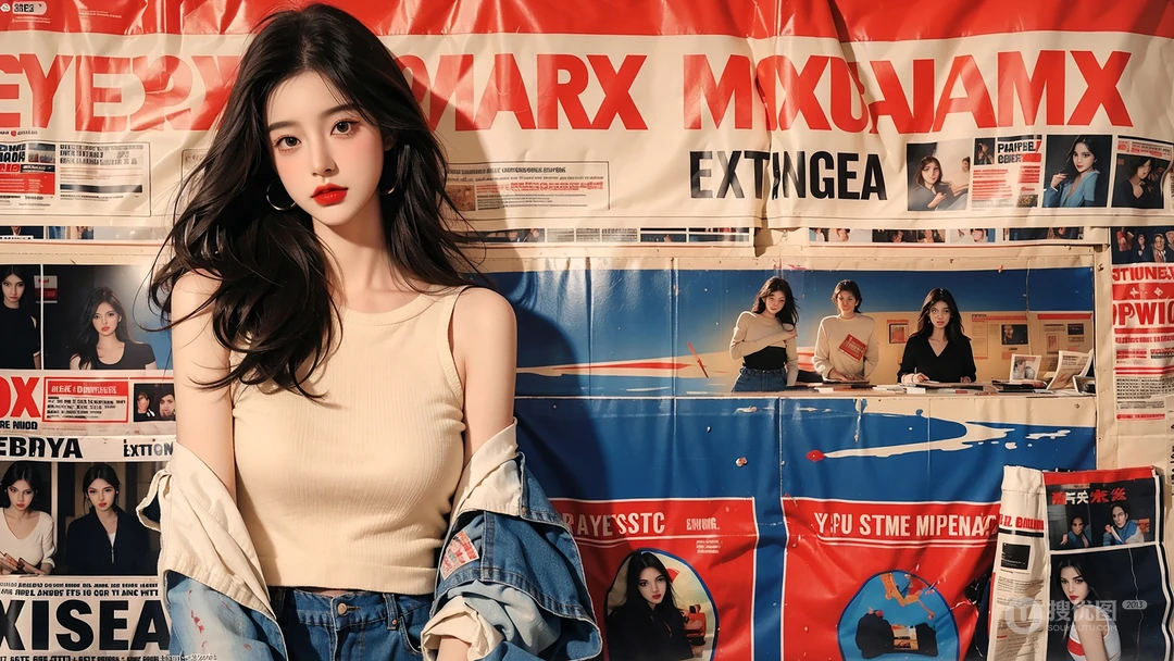 站着报刊墙前的时尚气质美女紧身衣穿搭显完美身材AI美图壁纸