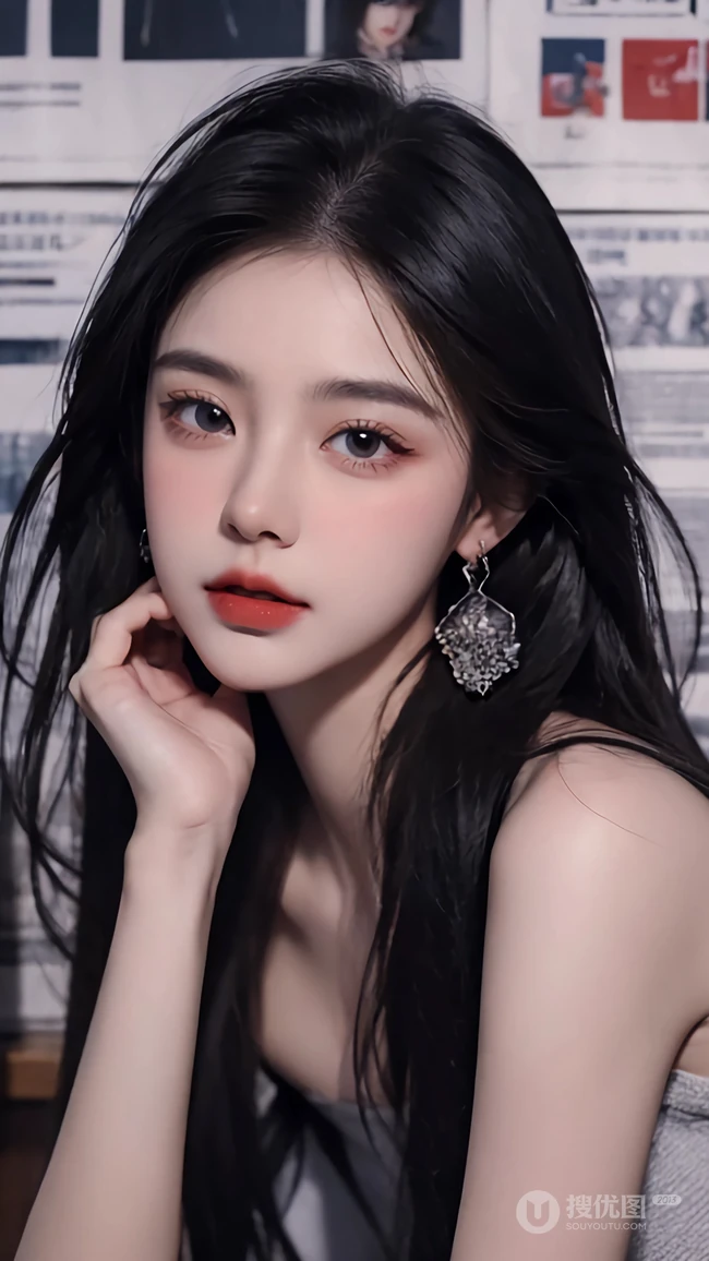单手托腮，安静看着你的高颜值AI美女手机壁纸图片