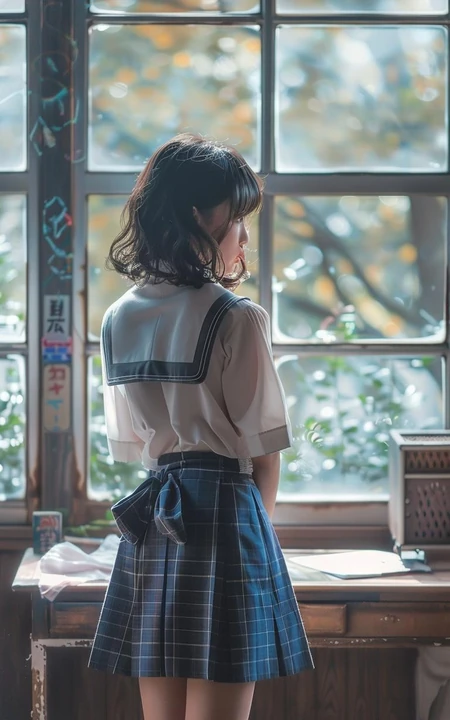 站着窗户前的学生装白衫短裙制服美少女背影写真手机壁纸图片