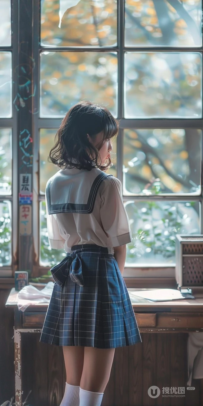 站着窗户前的学生装白衫短裙制服美少女背影写真手机壁纸图片