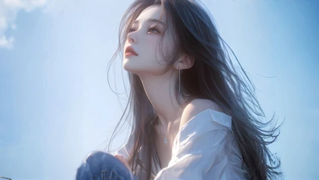 仰望，思念，天鹅颈，仰望天空的高颜值AI美女壁纸图片
