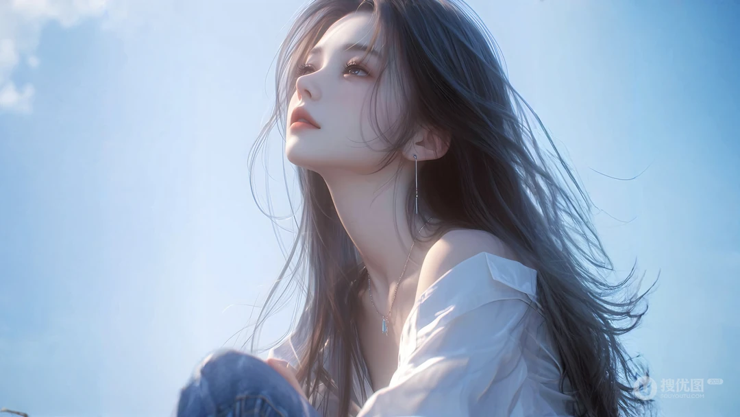 仰望，思念，天鹅颈，仰望天空的高颜值AI美女壁纸图片