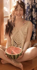 夏日，自家书房快乐吃西瓜的漂亮女生高清写真图片