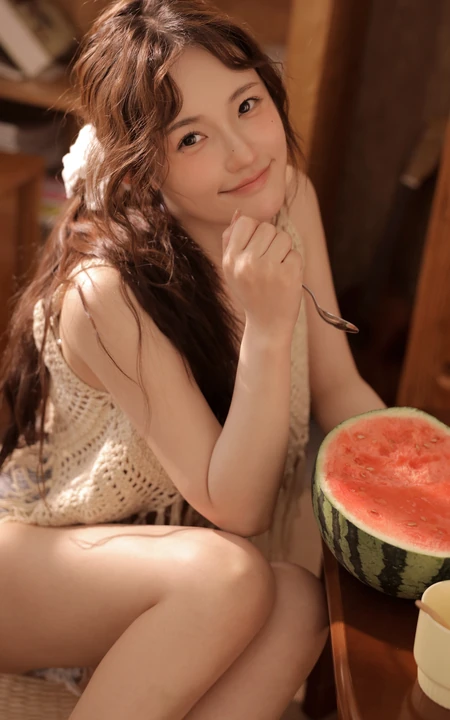 夏日，自家书房快乐吃西瓜的漂亮女生高清写真图片