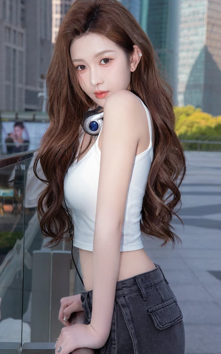 人行天桥上的漂亮小姐姐，穿着清凉白背心牛仔短裤的气质纤细线条女生户外写真照