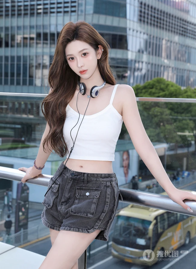 人行天桥上的漂亮小姐姐，穿着清凉白背心牛仔短裤的气质纤细线条女生户外写真照