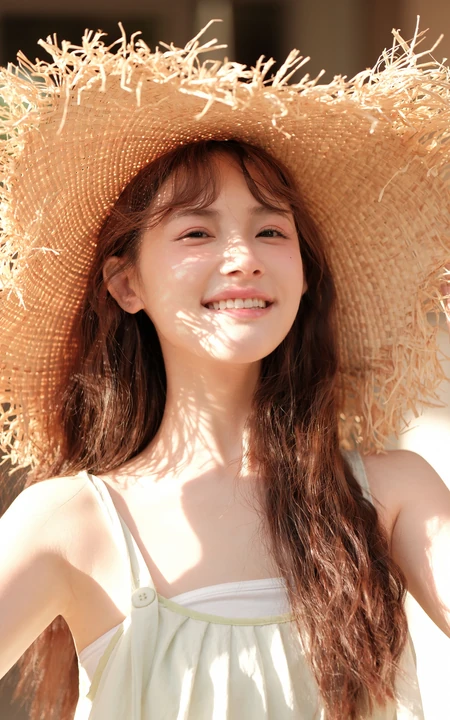 笑容灿烂的骑行女生小姐姐，阳光下，头戴草帽，清纯笑容超甜户外写真图片