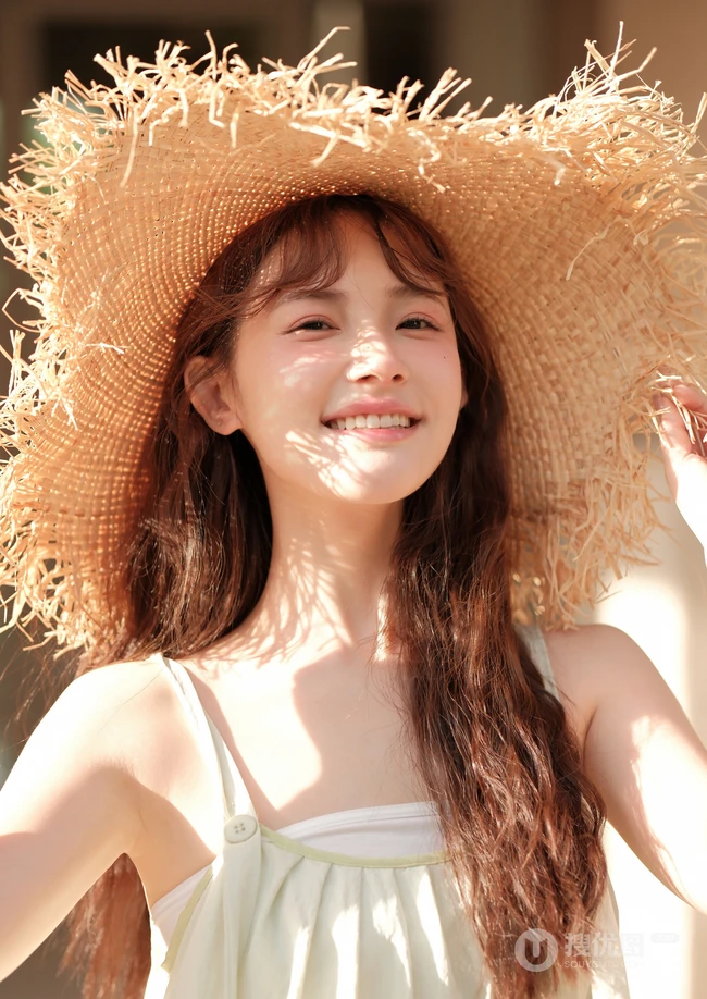 笑容灿烂的骑行女生小姐姐，阳光下，头戴草帽，清纯笑容超甜户外写真图片