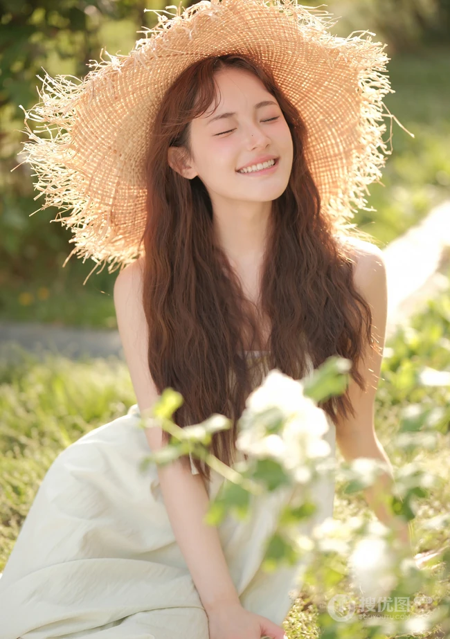 笑容灿烂的骑行女生小姐姐，阳光下，头戴草帽，清纯笑容超甜户外写真图片