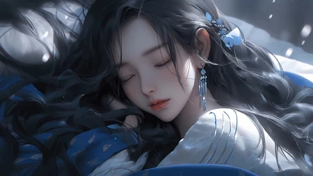 趴在床上闭着眼睛睡着了的AI美女超高清桌面壁纸图片