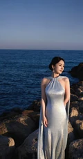 杨幂优雅动人礼服穿搭海边礁石区超美写真图集