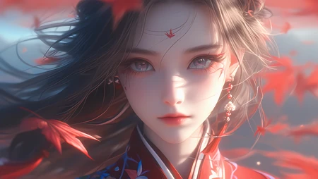 古装红裙AI美女明亮犀利眼神超美动漫壁纸图片