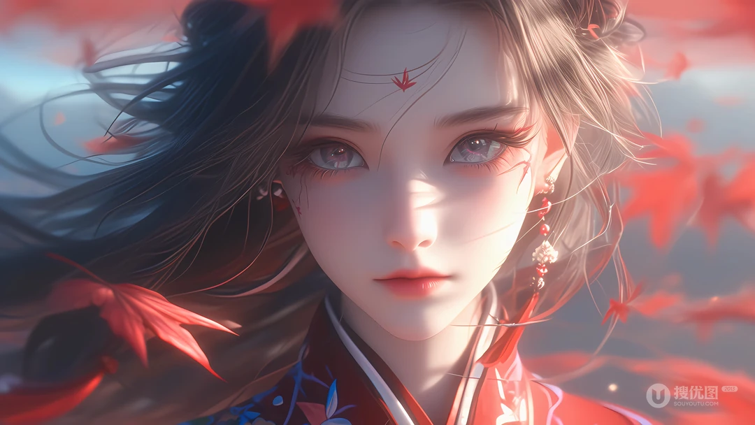 古装红裙AI美女明亮犀利眼神超美动漫壁纸图片