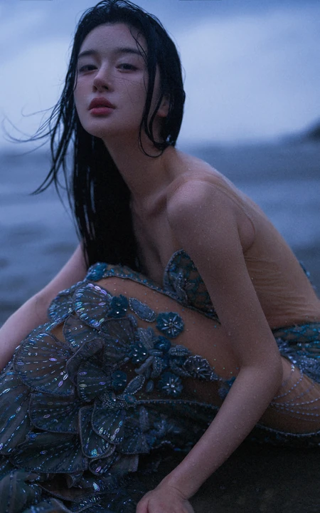 傍晚，寂静海边的美人鱼裙装女生气质魅惑户外人像摄影写真图片