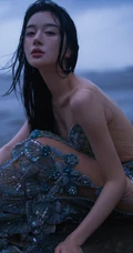 傍晚，寂静海边的美人鱼裙装女生气质魅惑户外人像摄影写真图片