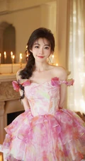冯提莫礼裙蓬蓬小花短裙加麻花辫超美户外写真图片