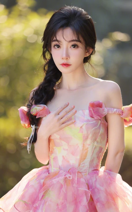 冯提莫礼裙蓬蓬小花短裙加麻花辫超美户外写真图片