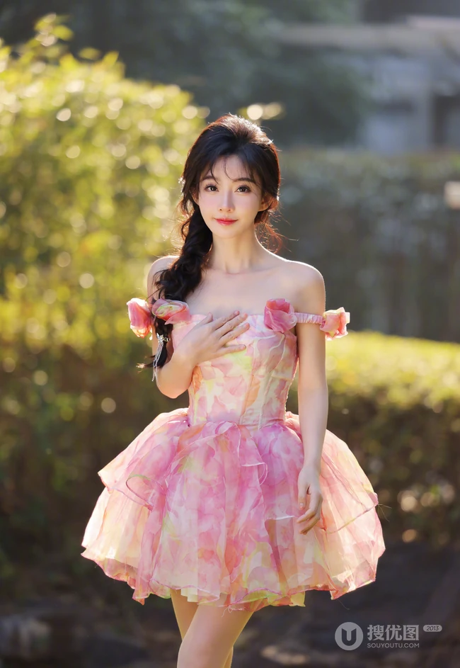 冯提莫礼裙蓬蓬小花短裙加麻花辫超美户外写真图片