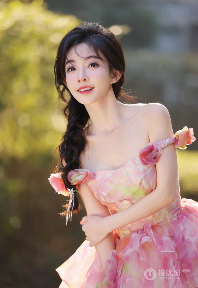 冯提莫礼裙蓬蓬小花短裙加麻花辫超美户外写真图片