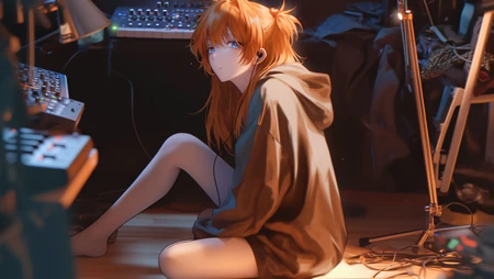 录音房，坐在地板上，一头棕黄头发的卫衣动漫女生桌面壁纸图片
