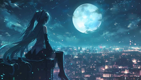 初音未来，都市，城市，巨大圆月，坐在阳台上的初音未来超高清壁纸图片