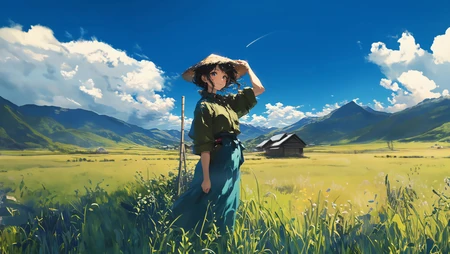 动漫女孩，丰收 喜悦感 原野，戴着斗笠的裙装动漫美少女超高清唯美桌面壁纸