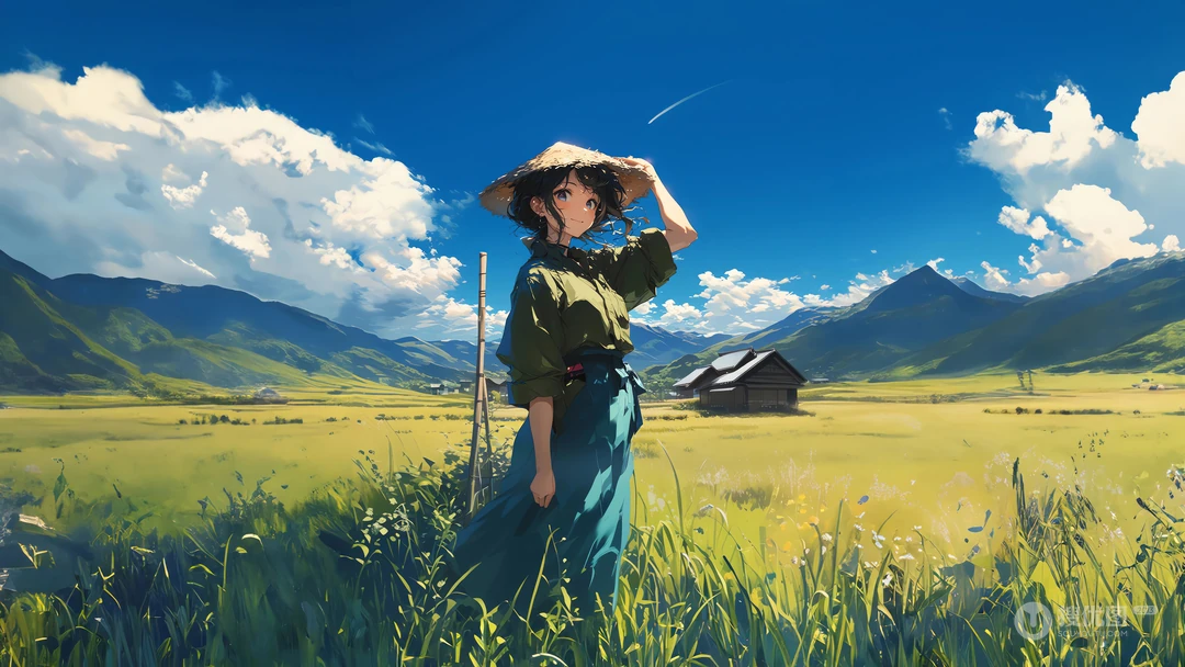 动漫女孩，丰收 喜悦感 原野，戴着斗笠的裙装动漫美少女超高清唯美桌面壁纸