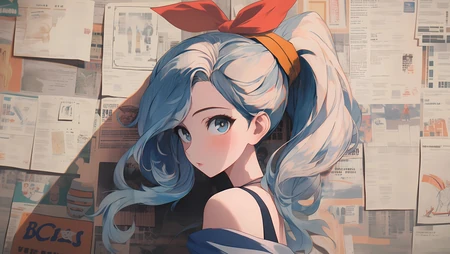 扎着马尾辫，蝴蝶结的蓝发AI动漫美少女报纸墙前侧颜壁纸图片