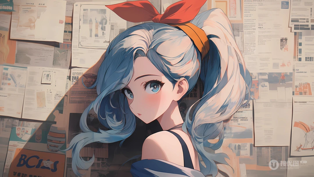 扎着马尾辫，蝴蝶结的蓝发AI动漫美少女报纸墙前侧颜壁纸图片