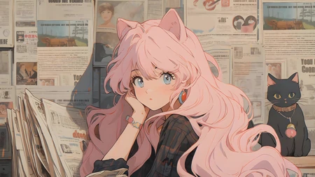 单手托腮的猫耳朵粉色发型AI动漫美少女和一只小黑猫高清桌面壁纸图片
