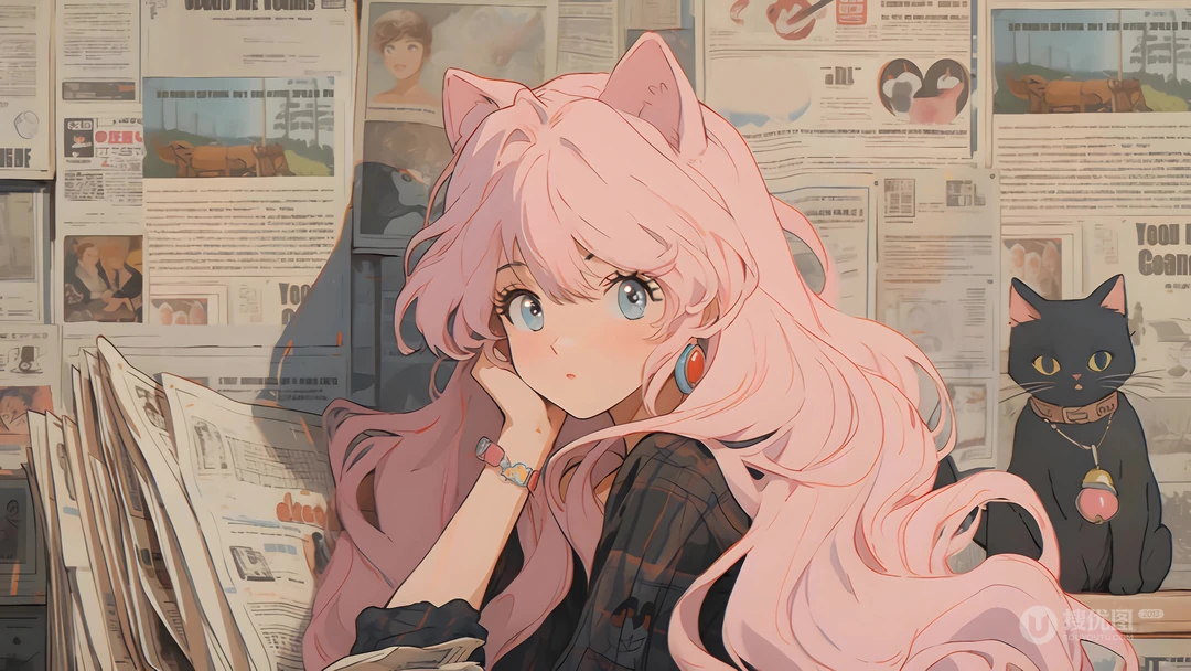 单手托腮的猫耳朵粉色发型AI动漫美少女和一只小黑猫高清桌面壁纸图片