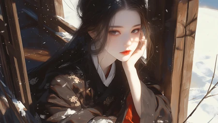 下雪天，单手托腮坐在门槛上沉思的黑衣古风古装动漫美女高清壁纸图片