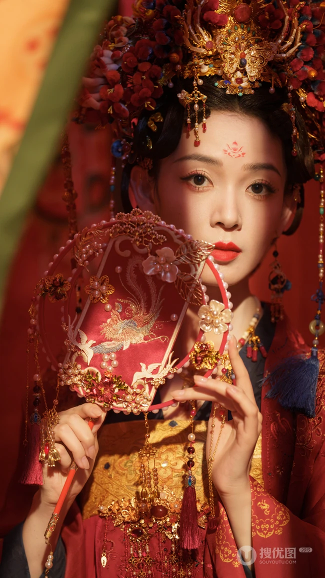 陈瑶一袭古装红妆，凤冠，灼灼艳桃李超美写真图片