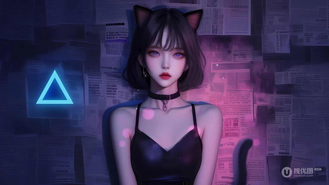猫耳朵女生壁纸，穿着黑色吊带背心的猫耳朵AI动漫美女壁纸图片