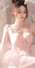 清纯靓丽，丸子头，公主裙，一袭粉色肩带家居服公主裙少女居家超高清写真图片